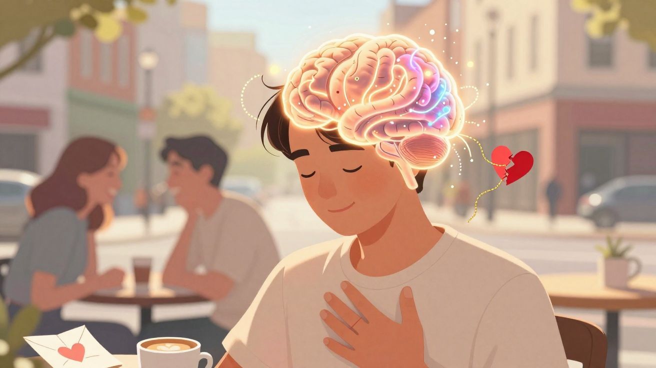 Homem com mão no peito e cérebro iluminado, enquanto um balão de coração partido voa para trás.