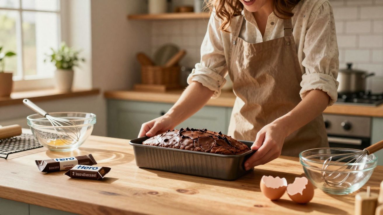 Pessoa a retirar bolo de chocolate acabado de fazer numa forma metálica na cozinha.