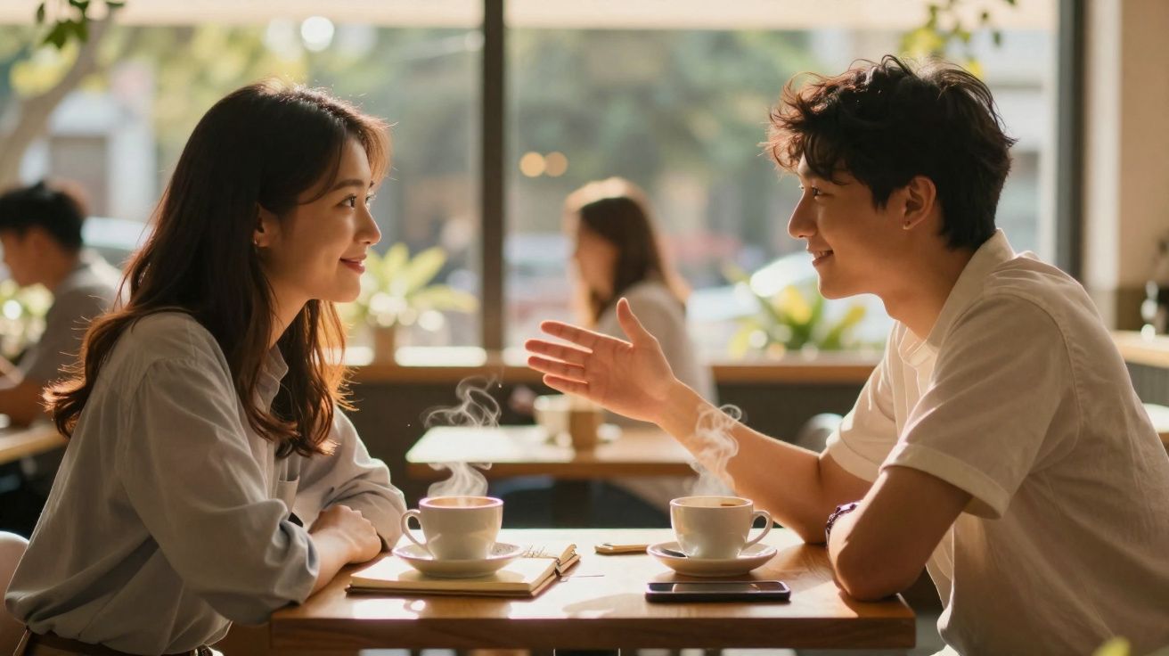 Casal sorridente a conversar animadamente numa cafetaria com duas chávenas de café quente na mesa.