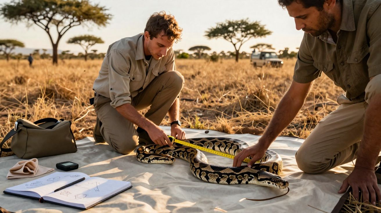 Dois homens medem uma grande cobra na savana seca com um caderno e equipamento ao lado.