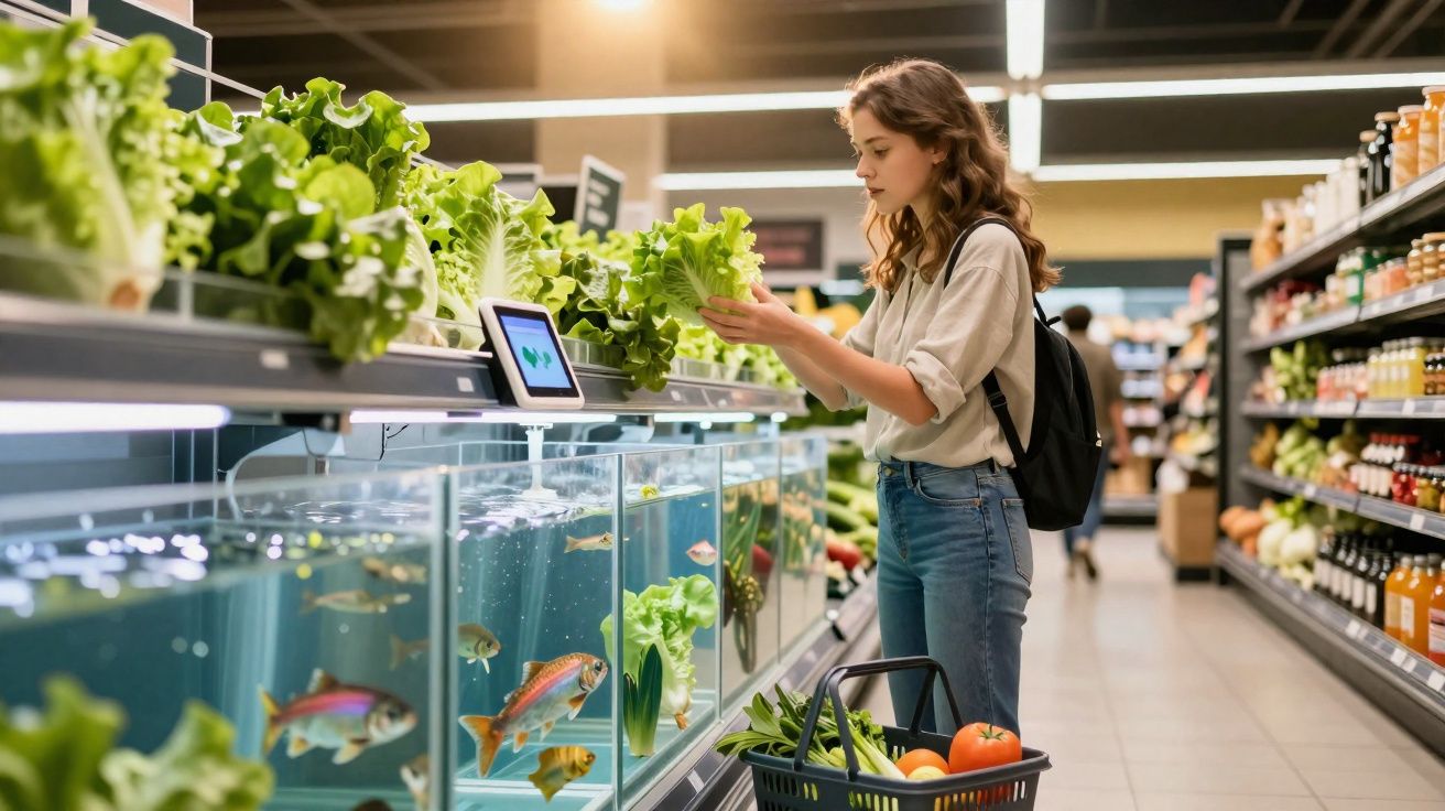Mulher jovem escolhe alface numa secção de legumes com aquários e leva um cesto com vegetais num supermercado.