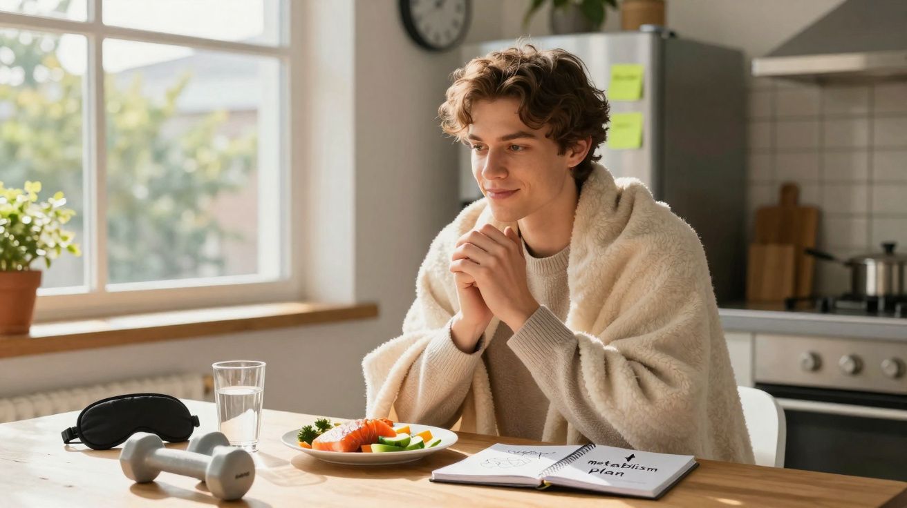 Jovem sentado na cozinha com manta, olhando para prato de comida saudável, copo de água e caderno aberto.