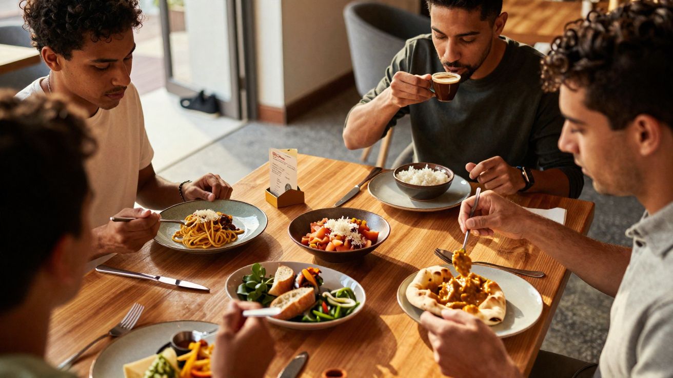 Quatro homens jovens a apreciar uma refeição variada num ambiente acolhedor à mesa de madeira.