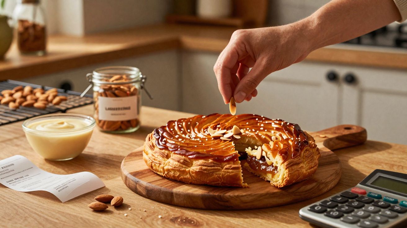 Mão a colocar amêndoas em bolo redondo com cobertura caramelizada sobre tábua de madeira numa cozinha.