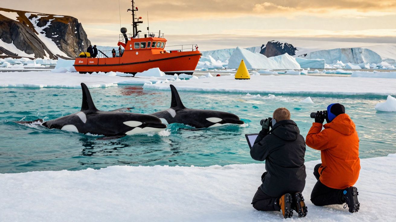 Duas orcas a nadar perto de dois fotógrafos em roupa de frio e barco laranja no gelo ártico.
