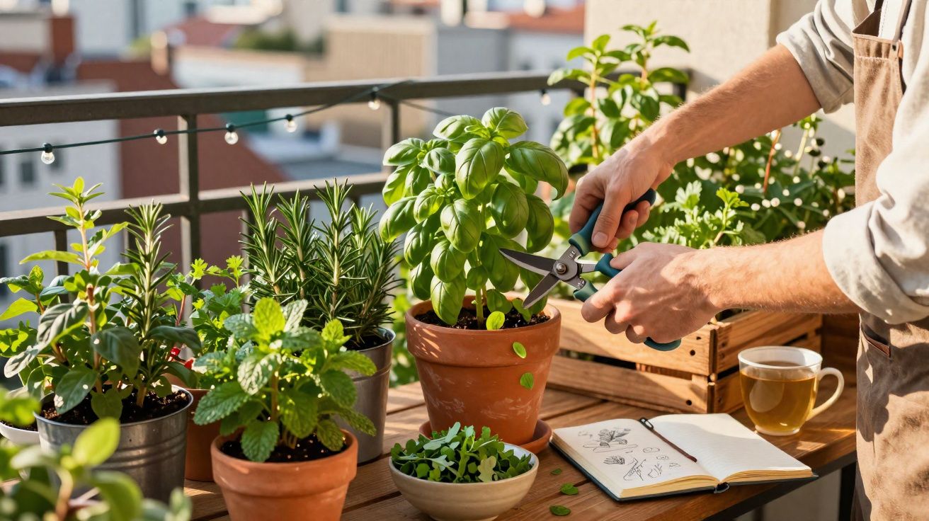 Pessoa a podar manjericão num pequeno jardim de ervas aromáticas na varanda com chá e caderno.