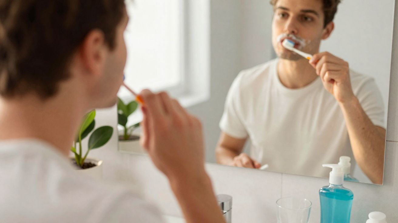Homem a escovar os dentes em frente ao espelho numa casa de banho iluminada.