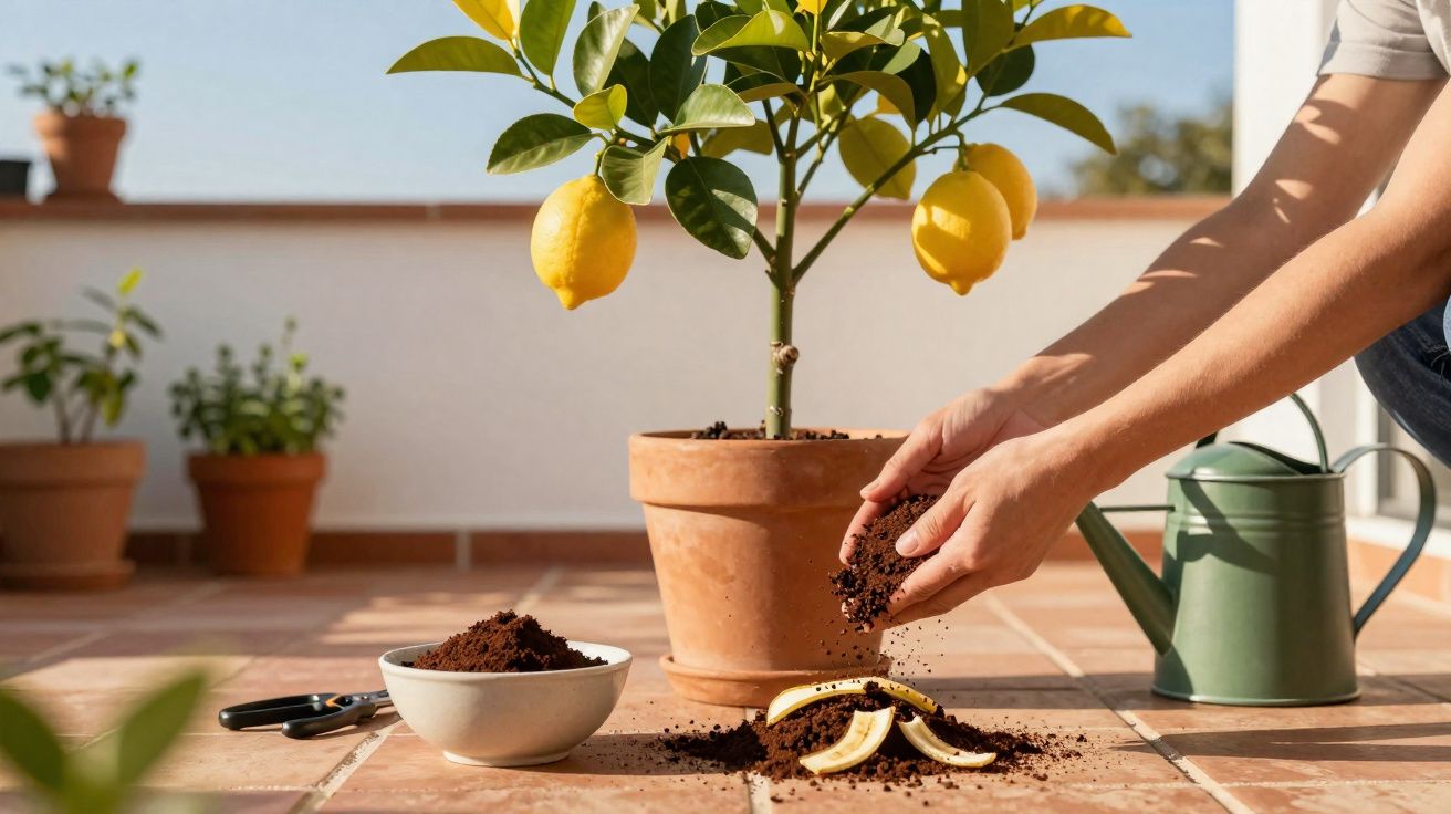 Mãos a cobrir cascas de banana com terra junto a vaso de limoeiro em terraço ensolarado.