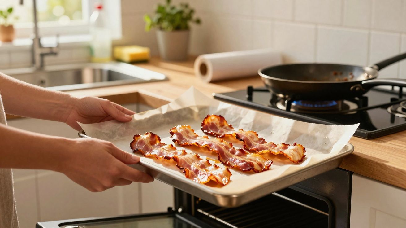 Pessoa a retirar tabuleiro com fatias de bacon estaladiço do forno numa cozinha moderna.
