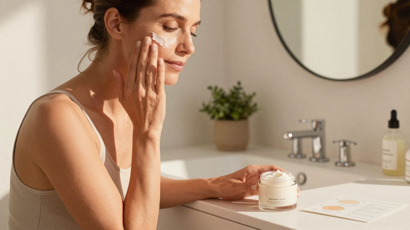 Mulher a aplicar creme hidratante no rosto junto a uma pia de casa de banho iluminada.