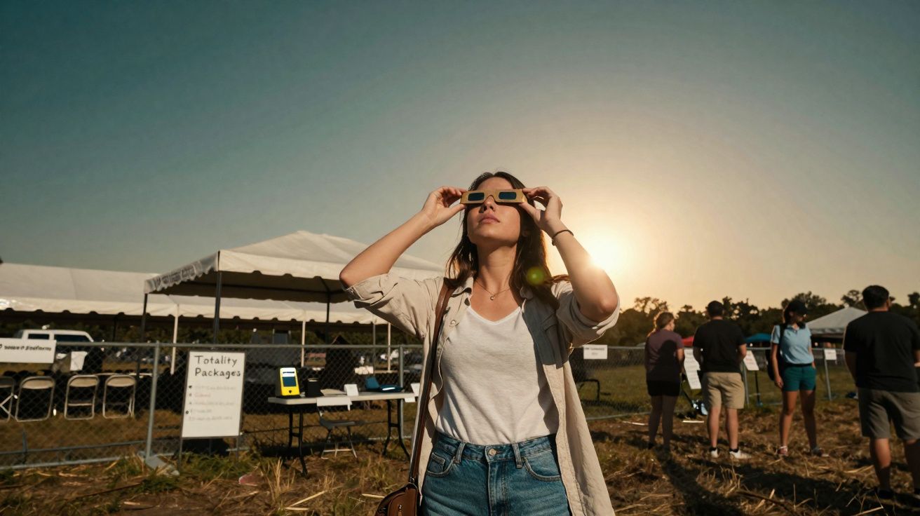 Mulher com óculos de proteção observa eclipse solar durante evento ao ar livre ao pôr do sol.