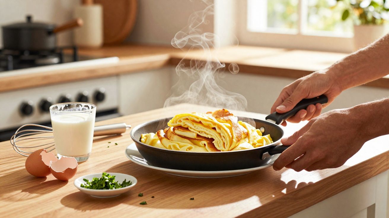 Panqueca quente fumegante numa frigideira numa cozinha iluminada, com ovos, leite e ervas frescas na bancada.