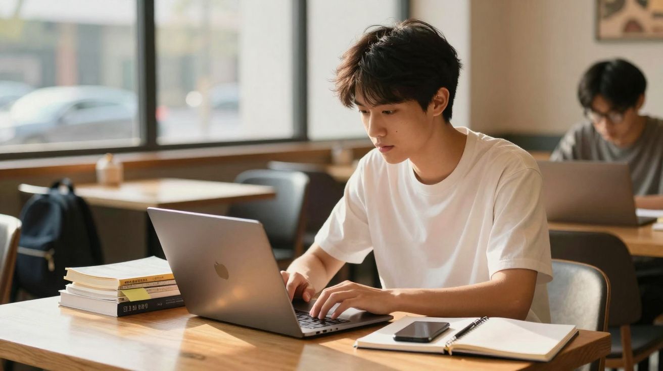 Jovem concentra-se a estudar num portátil numa mesa com livros e cadernos numa biblioteca ou café.