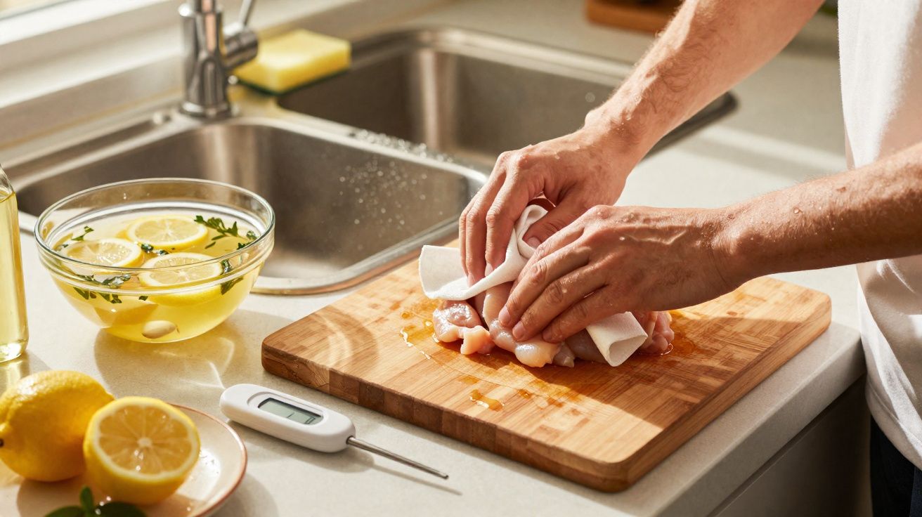 Pessoa a secar pedaços de frango cru com papel absorvente numa tábua de cortar numa cozinha iluminada.