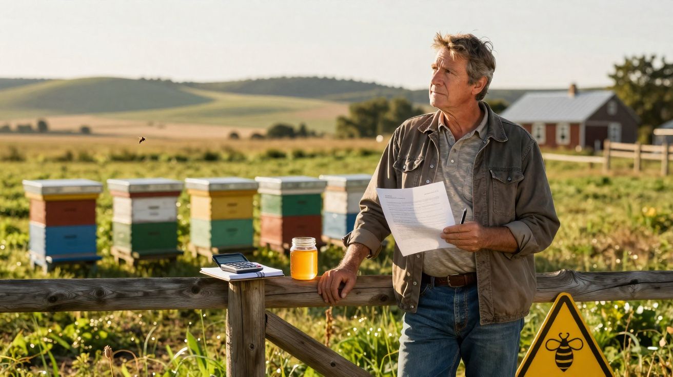 Apicultor com papel na mão junto a colmeias coloridas numa paisagem rural ao pôr do sol.