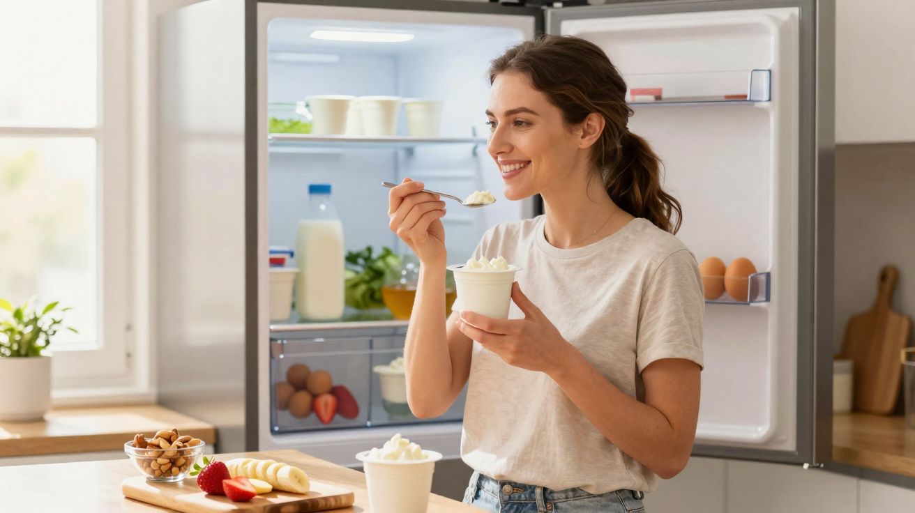 Mulher sorridente a comer iogurte à colher na cozinha com frigorífico aberto e frutas na bancada.