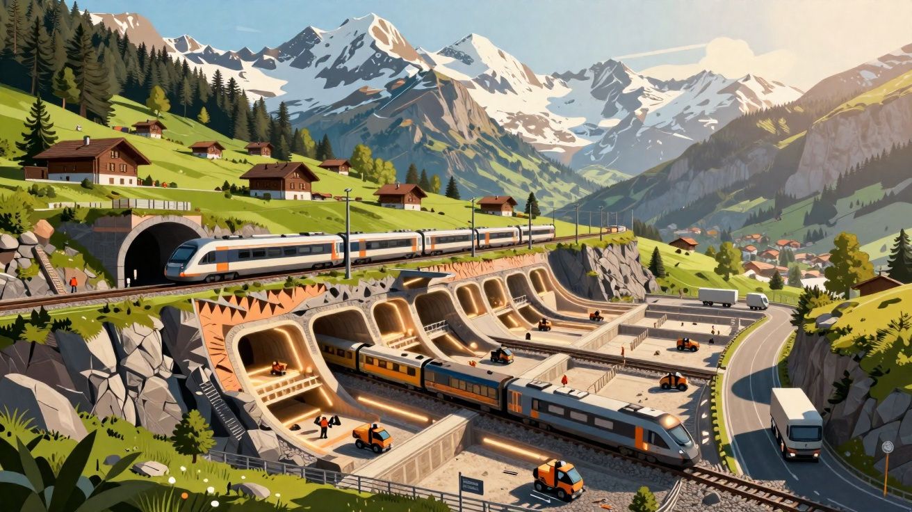 Comboios em linha férrea e garagem subterrânea numa paisagem montanhosa com casas, estrada e camiões ao fundo.