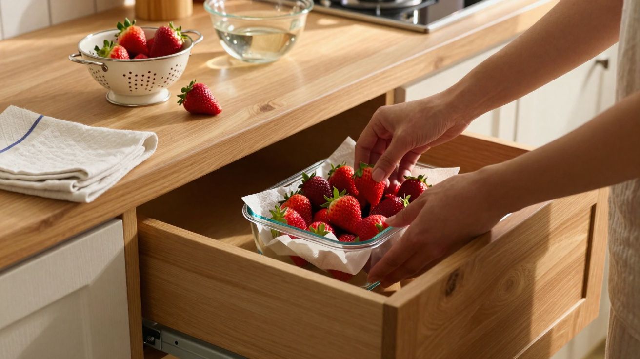 Mãos colocando morangos numa taça dentro de uma gaveta de cozinha de madeira, com uma peneira com morangos e um pano ao lado.