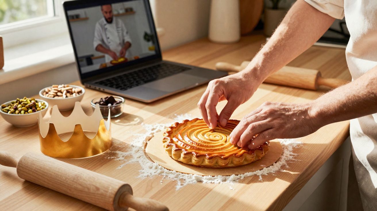 Pessoa a decorar uma tarte numa cozinha com receita a ser seguida num vídeo no laptop.