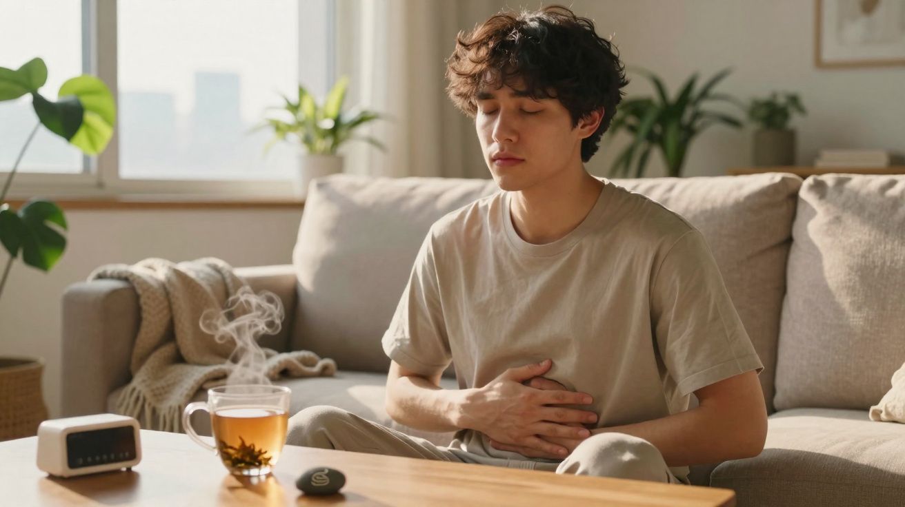 Jovem sentado no sofá com as mãos na barriga, aparentando dor, com chá quente numa mesa próxima.
