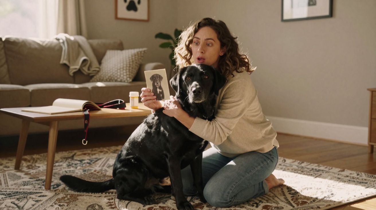 Mulher abraça cão preto sentado no chão, segurando foto do mesmo cão numa sala iluminada.