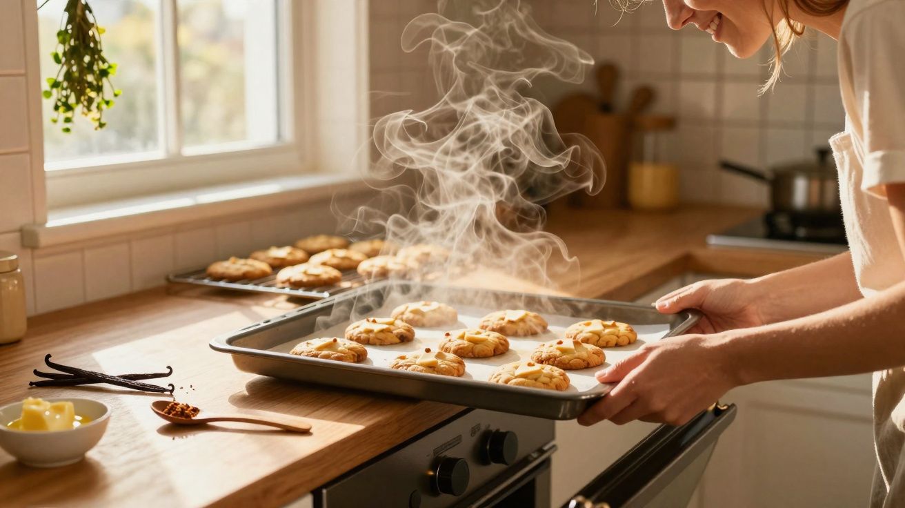 Pessoa a retirar do forno tabuleiro com bolachas caseiras quentes e a fumegar numa cozinha iluminada.