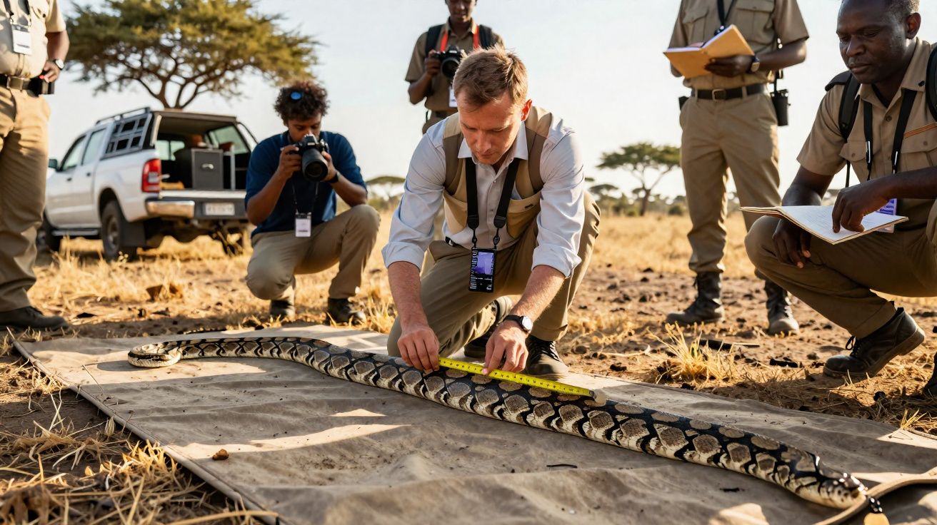 Cientistas medem uma grande píton numa savana, com veículo de campo e pessoas a documentar a ação ao fundo.