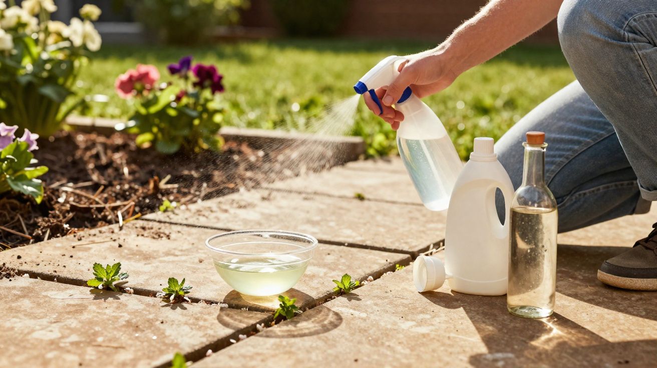 Pessoa a pulverizar plantas daninhas em pavimento com borrifador, ao lado de garrafas com líquidos.