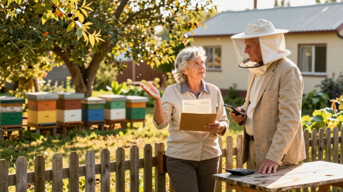 Casal sénior conversa junto a colmeias num pomar, homem usa chapéu de apicultor e mulher segura documentos.