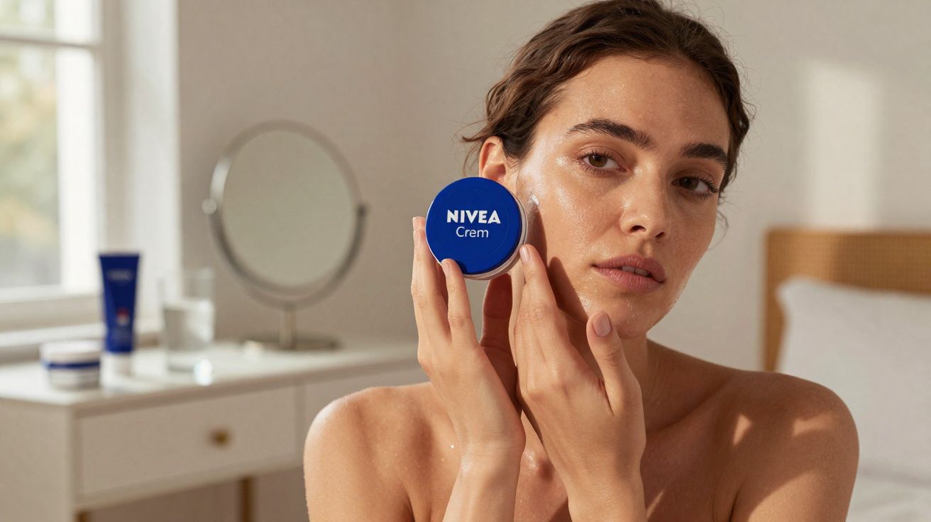 Mulher a aplicar creme Nivea no rosto num quarto iluminado com móvel e espelho ao fundo.