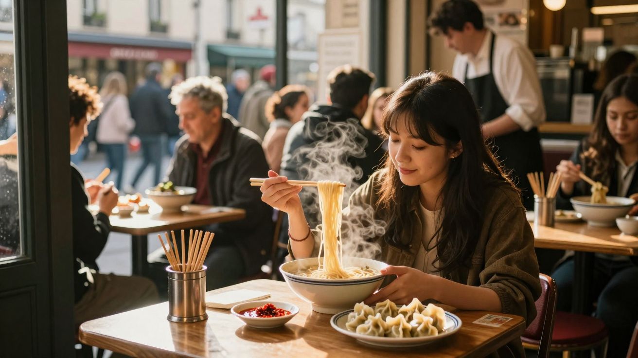 Jovem mulher a comer noodles fumegantes com pauzinhos num restaurante movimentado e iluminado.