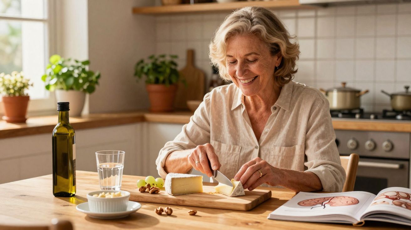 Mulher sorridente a cortar queijo num tábua na cozinha iluminada com plantas ao fundo.