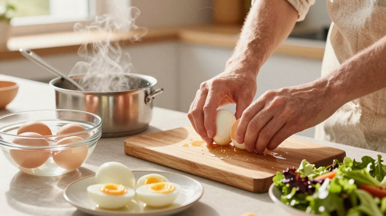 Pessoa a descascar ovos cozidos numa tábua de madeira na cozinha, com salada e ovos cortados ao lado.