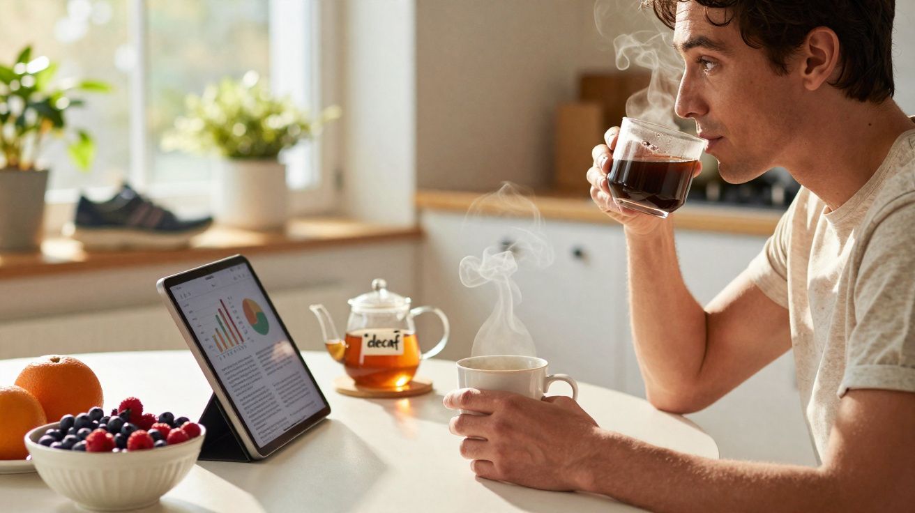 Homem sentado à mesa a beber chá quente e a ler dados num tablet numa cozinha iluminada.