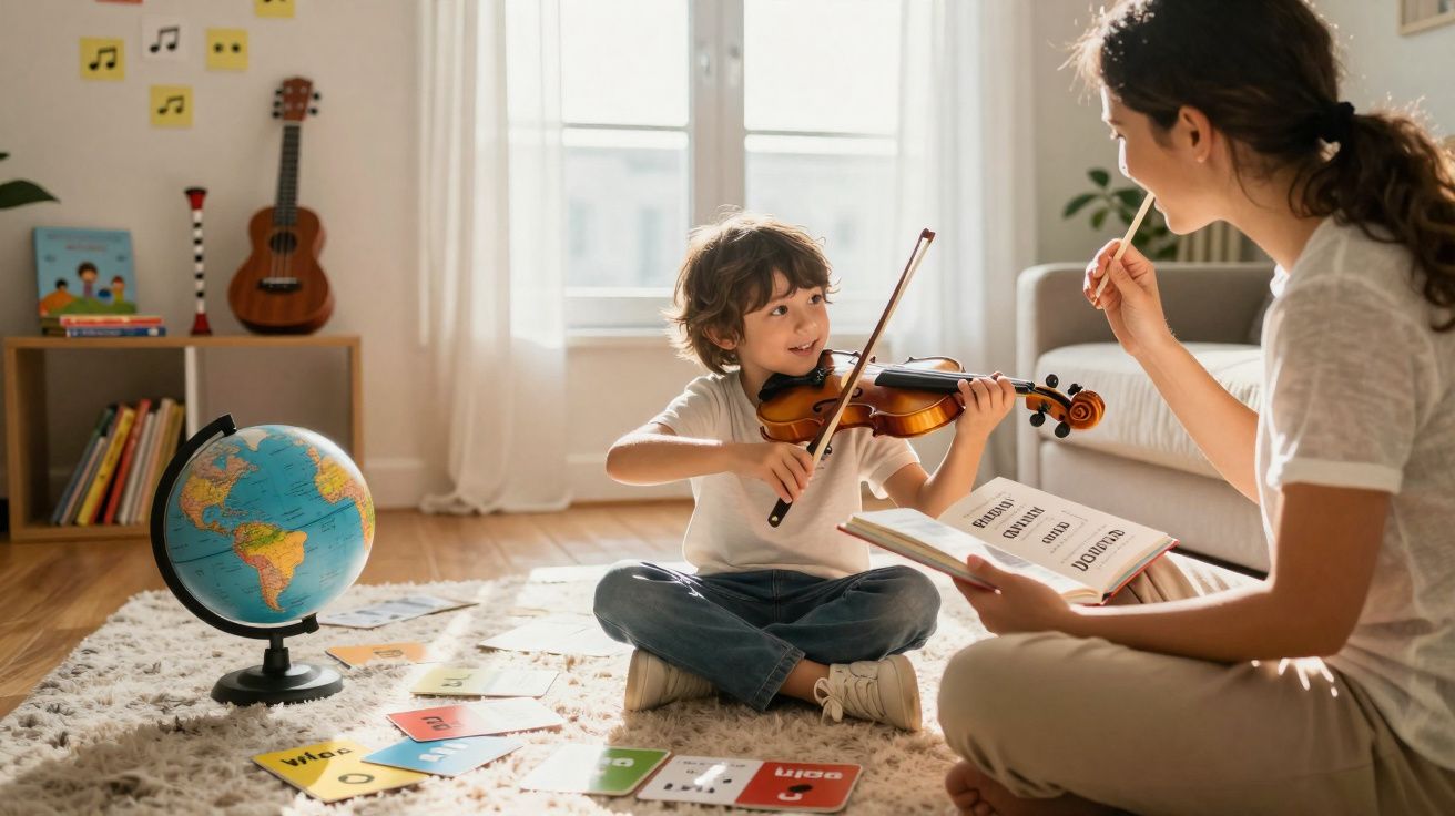Criança a aprender violino enquanto professora a observa, num quarto com tapete e globo terrestre.