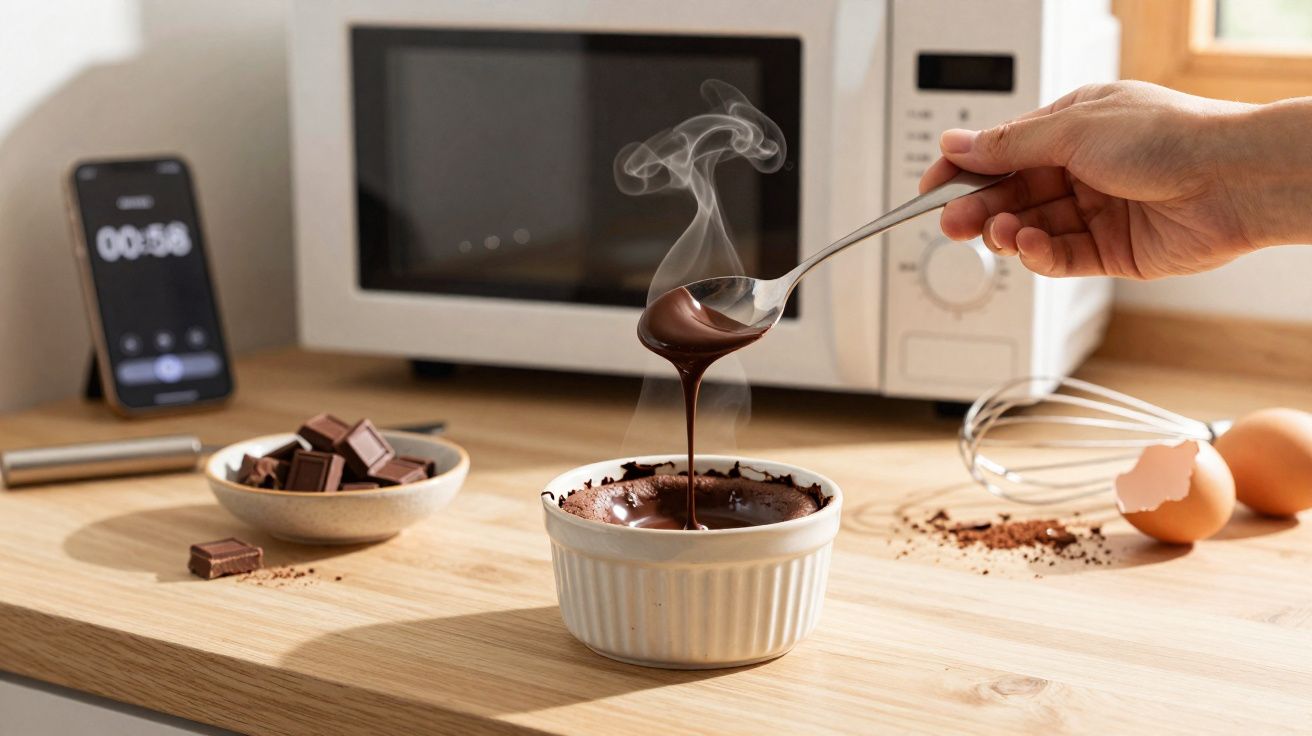 Mão segurando colher com chocolate quente e fumegante em ramequim branco, junto a ovos, chocolate e micro-ondas.