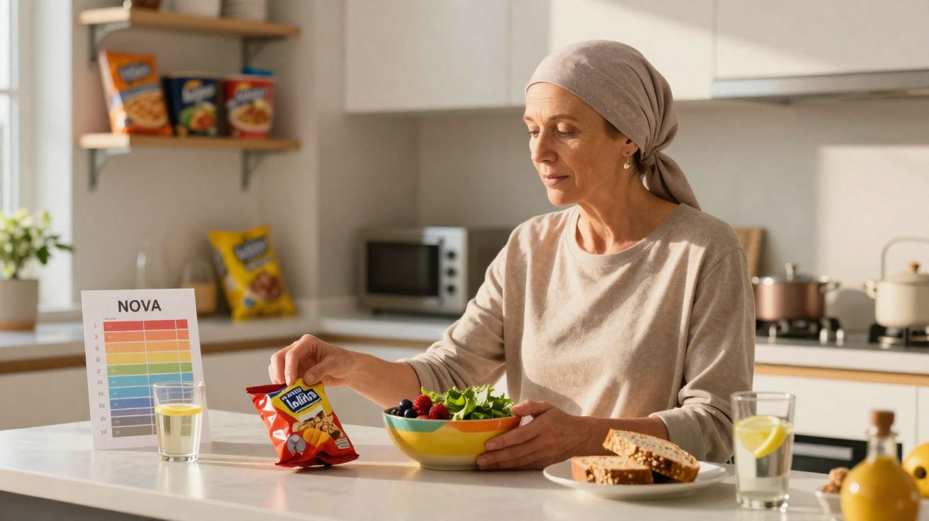 Mulher com lenço na cabeça a preparar salada numa cozinha moderna, com snacks e bebida à mesa.