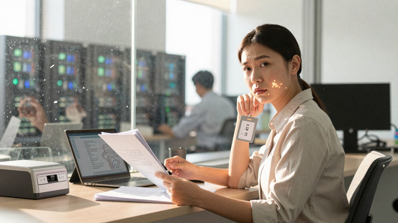 Mulher sentada numa mesa de escritório a analisar documentos, com computador portátil aberto e ambiente de trabalho ao fundo.