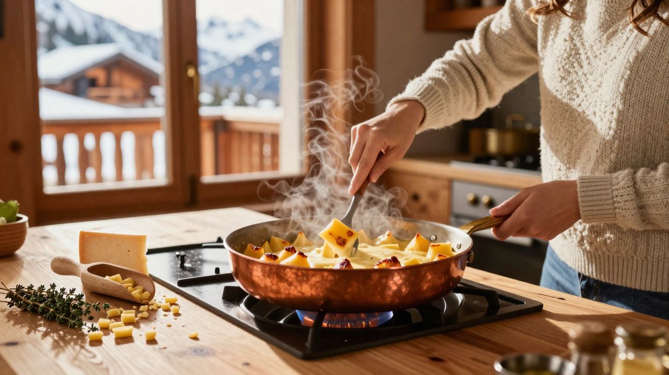 Pessoa a cozinhar queijo raclette numa frigideira de cobre num fogão a gás numa cozinha rústica com montanhas ao fundo.
