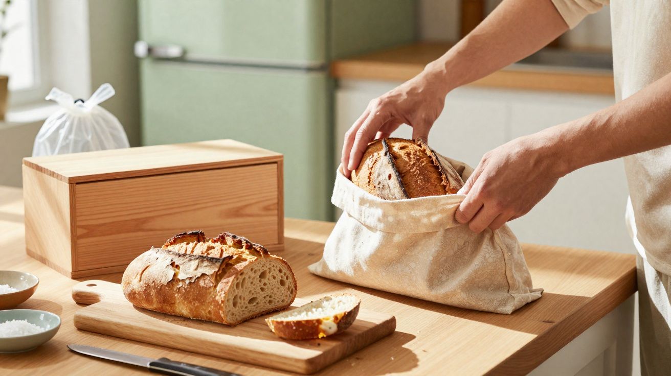 Pessoa a guardar pão caseiro numa bolsa reutilizável numa cozinha com utensílios de madeira.