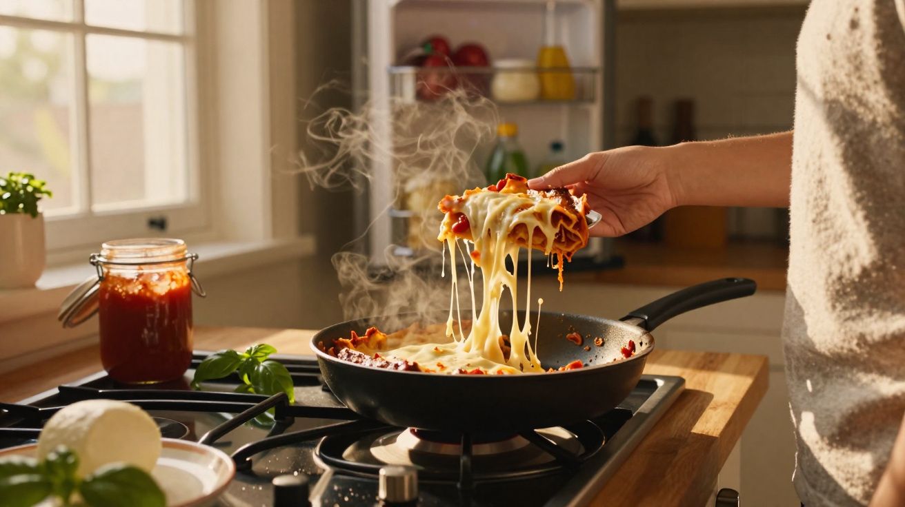 Mão a levantar lasanha com queijo derretido de frigideira quente numa cozinha iluminada.