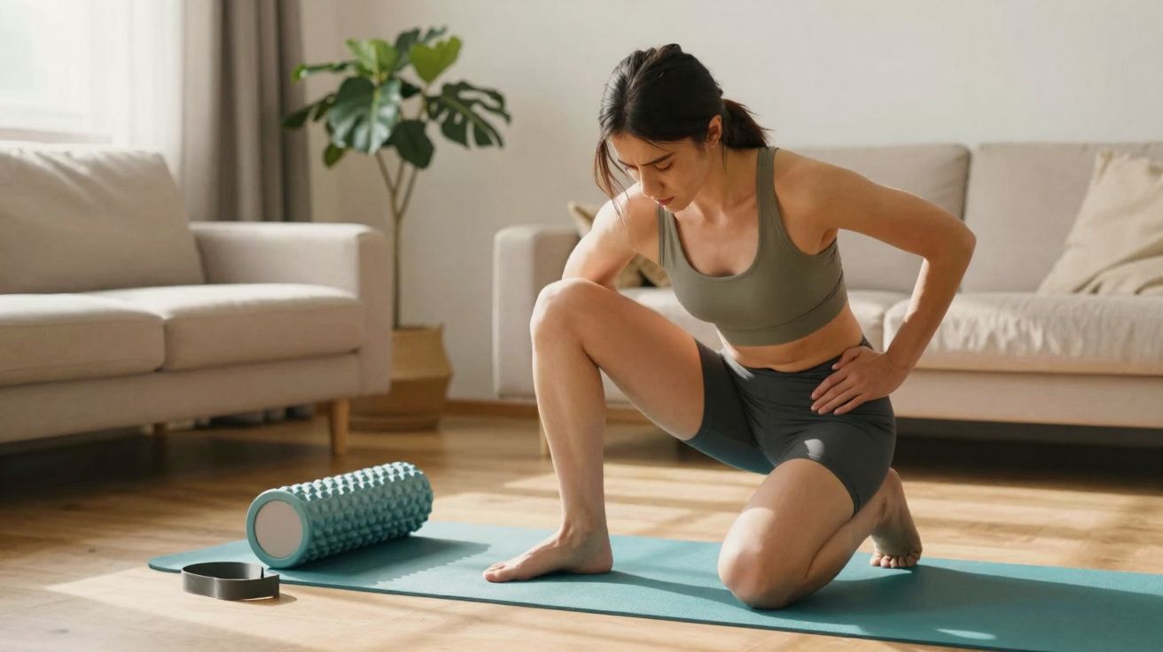 Mulher em roupa de desporto alonga-se num tapete azul na sala de estar, com rolo de espuma ao lado.