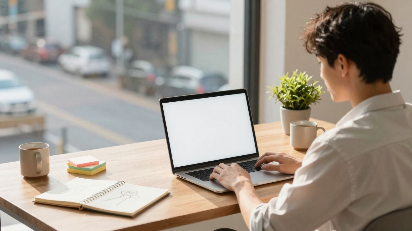 Pessoa a trabalhar num computador portátil numa secretária com caderno, caneca, blocos de notas e planta junto à janela.