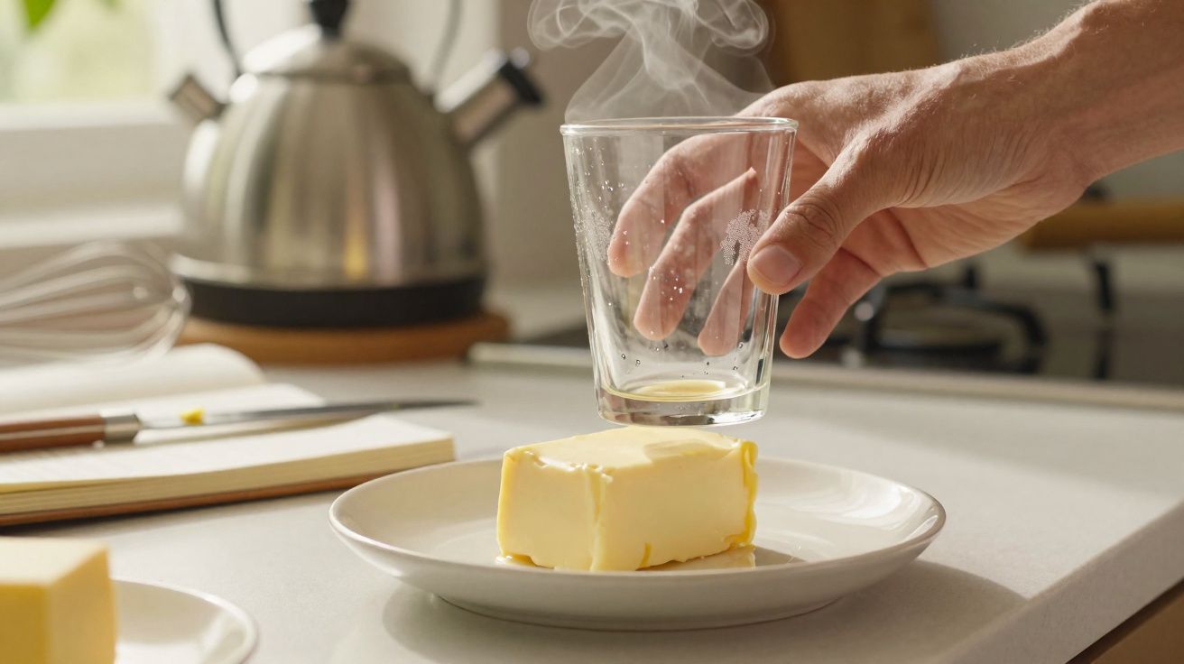 Mão a segurar copo com vapor sobre prato com tablete de manteiga numa cozinha.