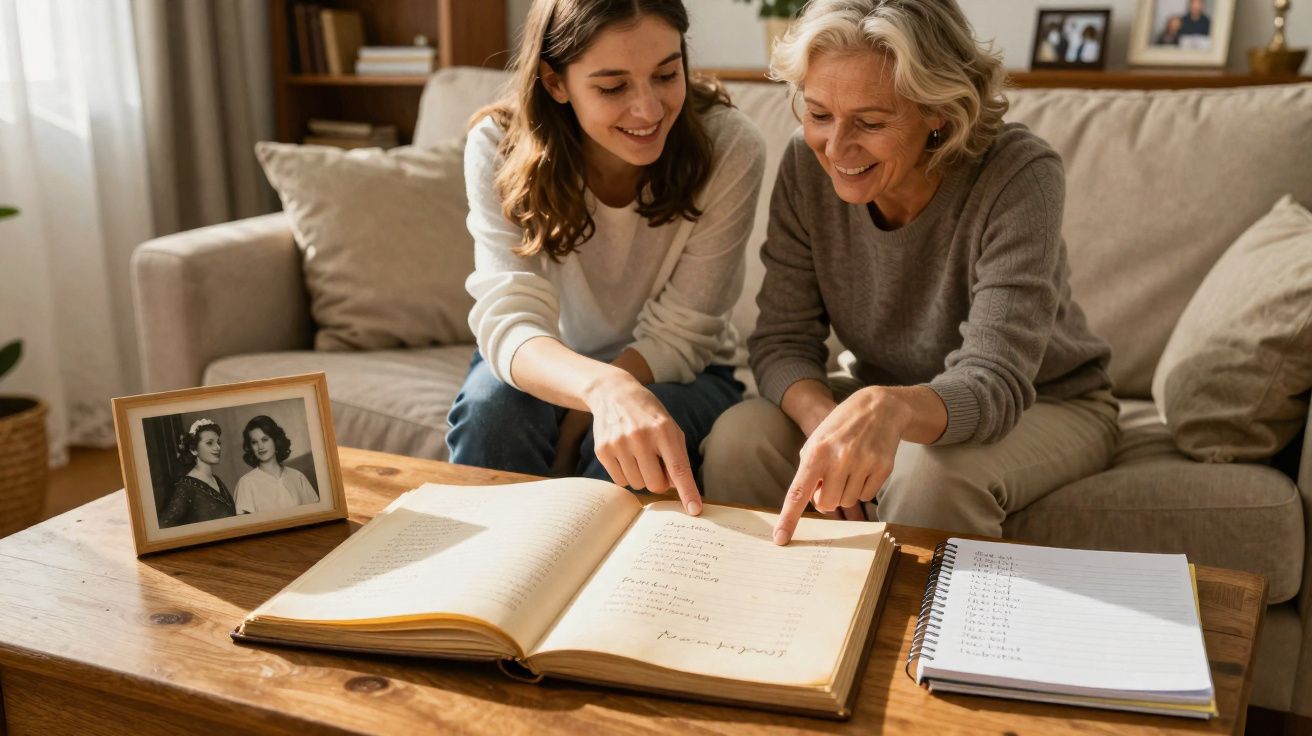 Mulher idosa e jovem sentadas no sofá, a olhar e apontar para um álbum de fotos antigo numa mesa de madeira.