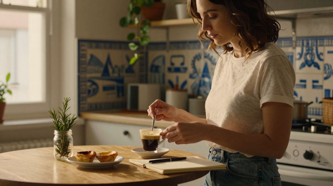 Mulher a mexer café numa chávena na cozinha, com dois pastéis de nata numa mesa de madeira.