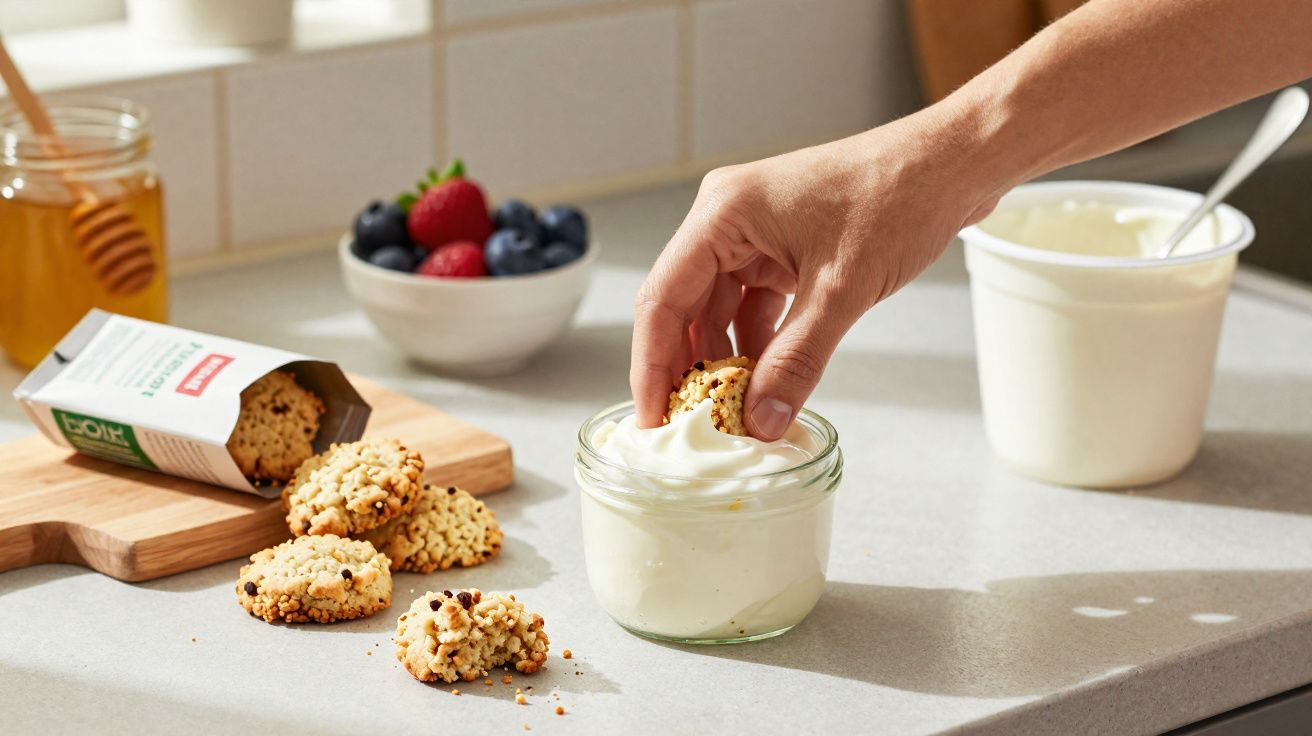 Pessoa a mergulhar bolacha em iogurte num frasco, com frutas e mel sobre bancada de cozinha.