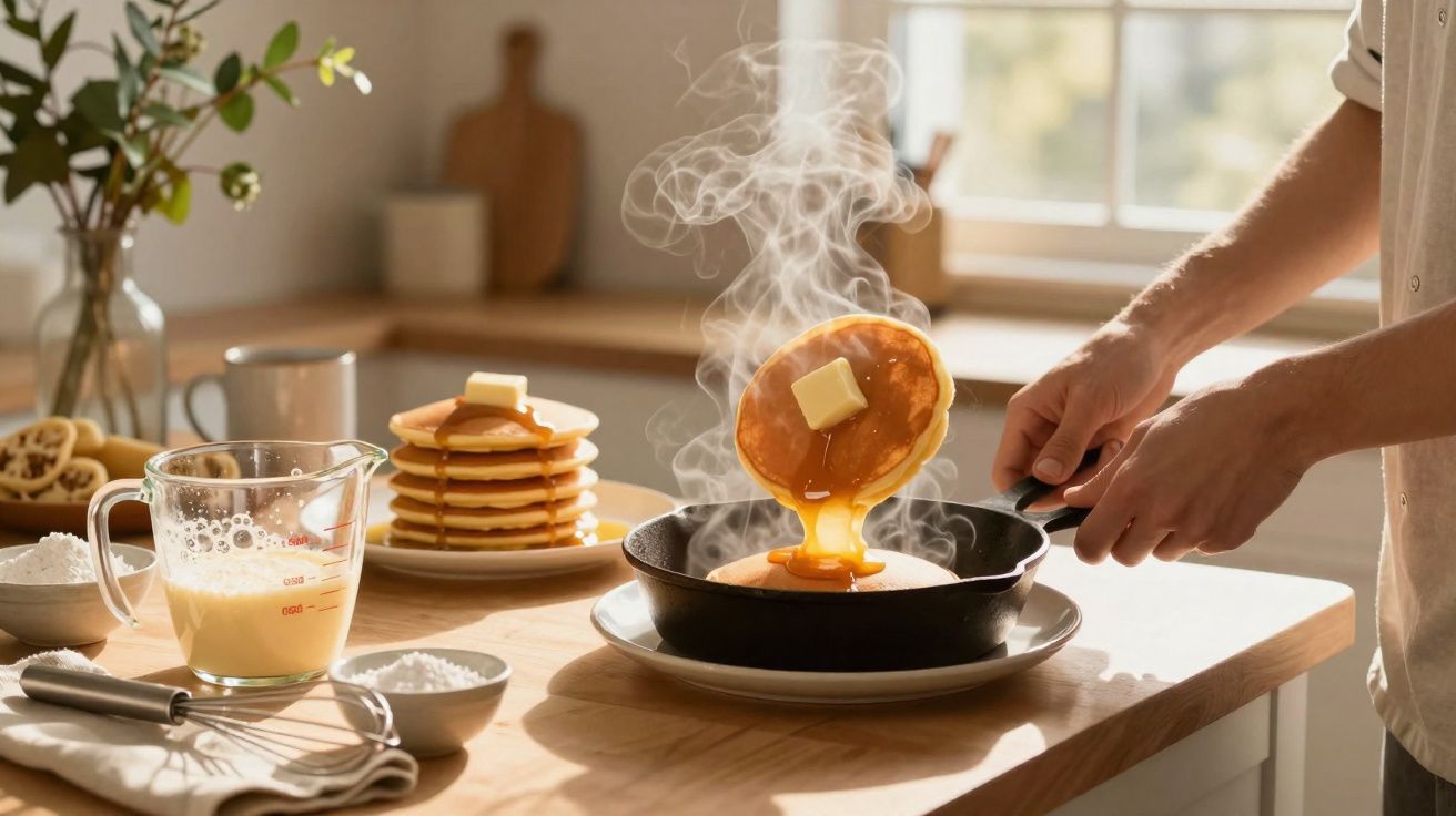 Mãos a preparar panquecas com manteiga e xarope, numa cozinha iluminada e acolhedora.