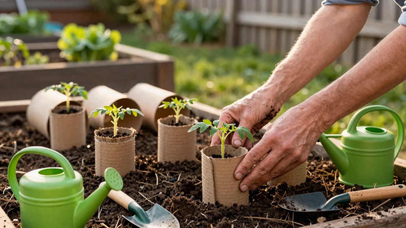 Mãos a plantar mudas em embalagens biodegradáveis num canteiro com regadores e ferramentas de jardinagem.