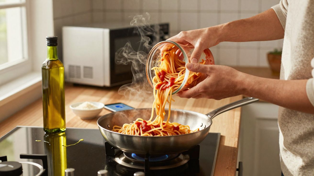 Pessoa a cozinhar esparguete com molho de tomate numa frigideira numa cozinha moderna.